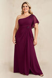 Burgundy Sheath One Shoulder Long Mother of the Bride Dress with Appliques