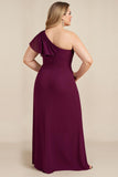 Burgundy Sheath One Shoulder Long Mother of the Bride Dress with Appliques