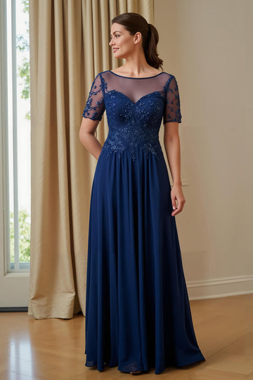 Navy A Line Appliqued Illusion Boat Neck Long Mother of the Bride Dress with Sleeves