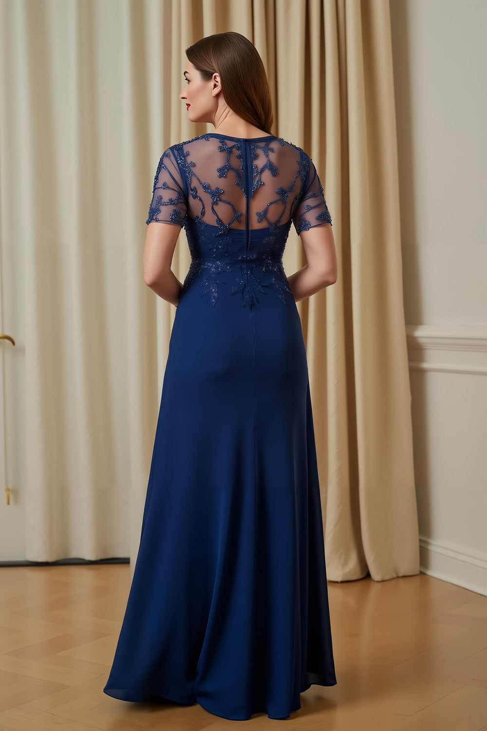Navy A Line Appliqued Illusion Boat Neck Long Mother of the Bride Dress with Sleeves