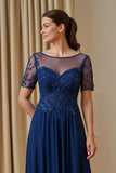 Navy A Line Appliqued Illusion Boat Neck Long Mother of the Bride Dress with Sleeves