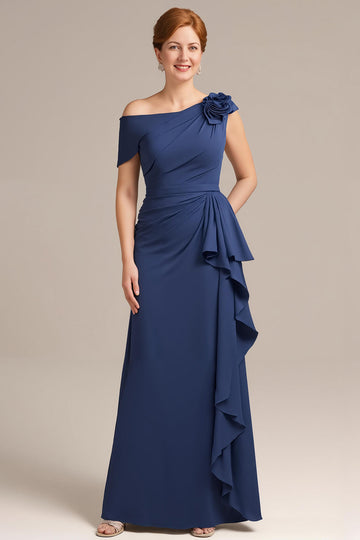 Navy A Line One Shoulder Ruffled Long Mother of the Bride Dress with 3D Flower