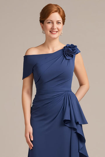 Navy A Line One Shoulder Ruffled Long Mother of the Bride Dress with 3D Flower
