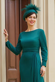 Dark Green A-Line Bateau Long Sleeves Mother of the Bride Dress with Slit