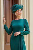 Dark Green A-Line Bateau Long Sleeves Mother of the Bride Dress with Slit