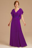 A-Line Grape V-Neck Ruched Flutter Sleeve Long Mother of the Bride Dress