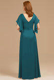 A-Line Grape V-Neck Ruched Flutter Sleeve Long Mother of the Bride Dress