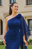 Navy One Shoulder Ruched Mother of the Bride Dress with Streamer