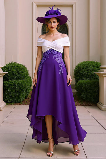 A Line Purple Chiffon High-Low Mother of the Bride Dress with Lace Appliques