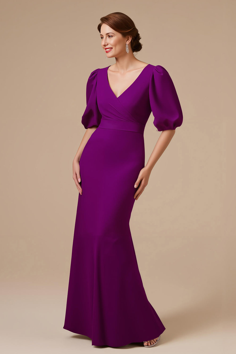 Grape Mermaid V Neck Satin Long Mother of the Bride Dress with Sleeves