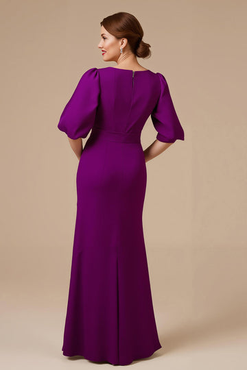 Grape Mermaid V Neck Satin Long Mother of the Bride Dress with Sleeves