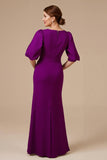 Grape Mermaid V Neck Satin Long Mother of the Bride Dress with Sleeves