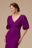 Grape Mermaid V Neck Satin Long Mother of the Bride Dress with Sleeves