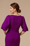 Grape Mermaid V Neck Satin Long Mother of the Bride Dress with Sleeves
