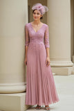 Dusty Rose A Line V-Neck 3/4 Sleeves Appliqued Long Mother of the Bride Dress
