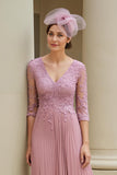 Dusty Rose A Line V-Neck 3/4 Sleeves Appliqued Long Mother of the Bride Dress