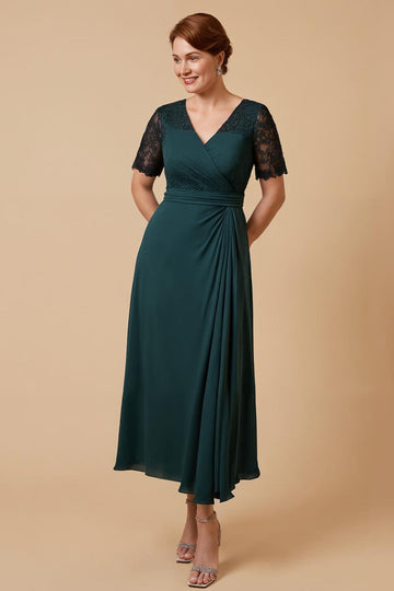Pine Sheath V-Neck Long Mother of the Bride Dress with Lace