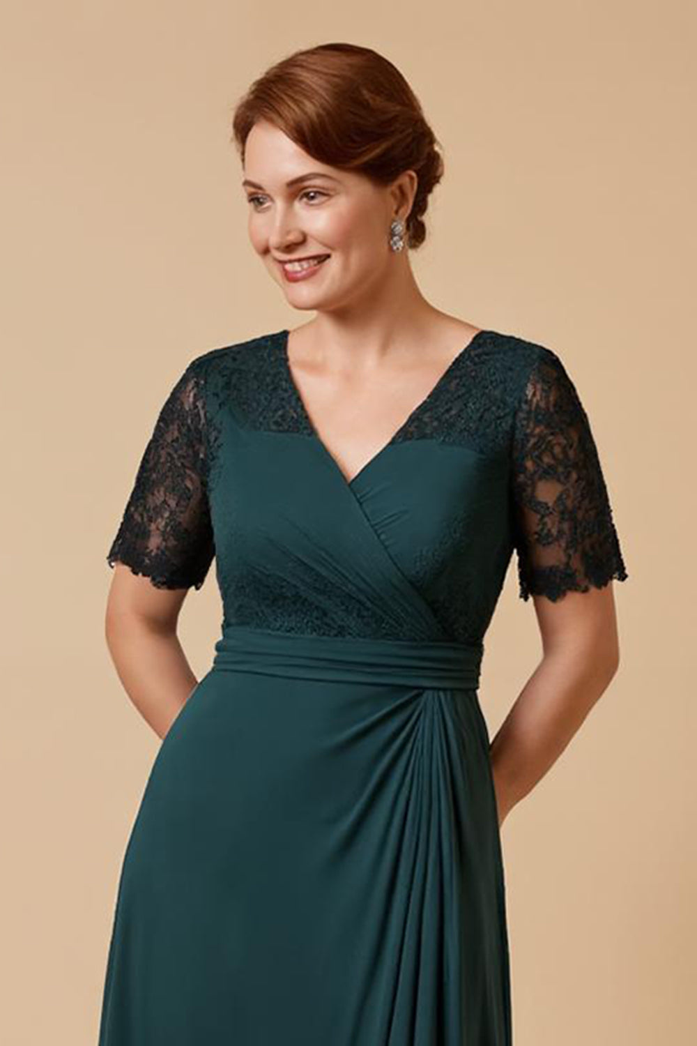 Pine Sheath V-Neck Long Mother of the Bride Dress with Lace