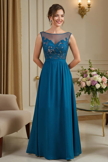 Peacock Blue A Line Boat Neck Appliqued Long Mother of the Bride Dress