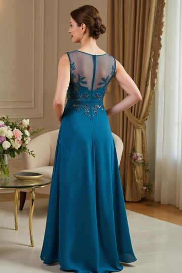 Peacock Blue A Line Boat Neck Appliqued Long Mother of the Bride Dress