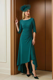 Pine Bateau Neck Ruched 3/4 Sleeve Mother of the Bride Dress with Ruffles