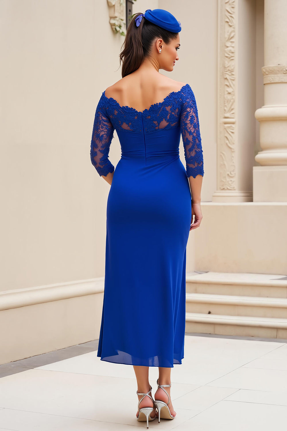 Royal Blue Off the Shoulder 3/4 Sleeve Mother of the Bride Dress with Lace