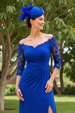Royal Blue Off the Shoulder 3/4 Sleeve Mother of the Bride Dress with Lace