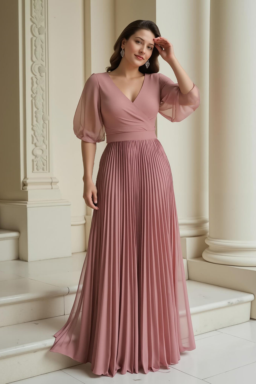 Dusty Rose A-Line V-Neck Chiffon Long Mother of the Bride Dress with Ruffles