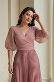 Dusty Rose A-Line V-Neck Chiffon Long Mother of the Bride Dress with Ruffles