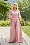 Blush A-Line Round Neck Flutter Sleeves Long Mother of the Bride Dress