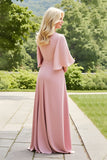 Blush A-Line Round Neck Flutter Sleeves Long Mother of the Bride Dress