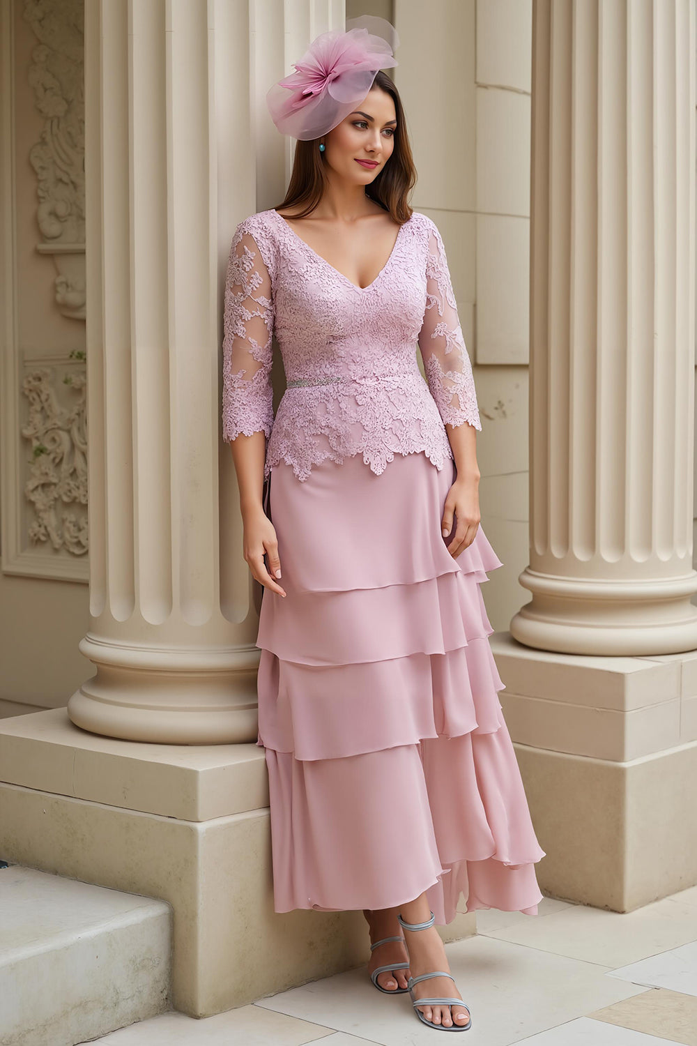 Blush A Line V Neck Tiered Long Mother of the Bride Dress with Lace