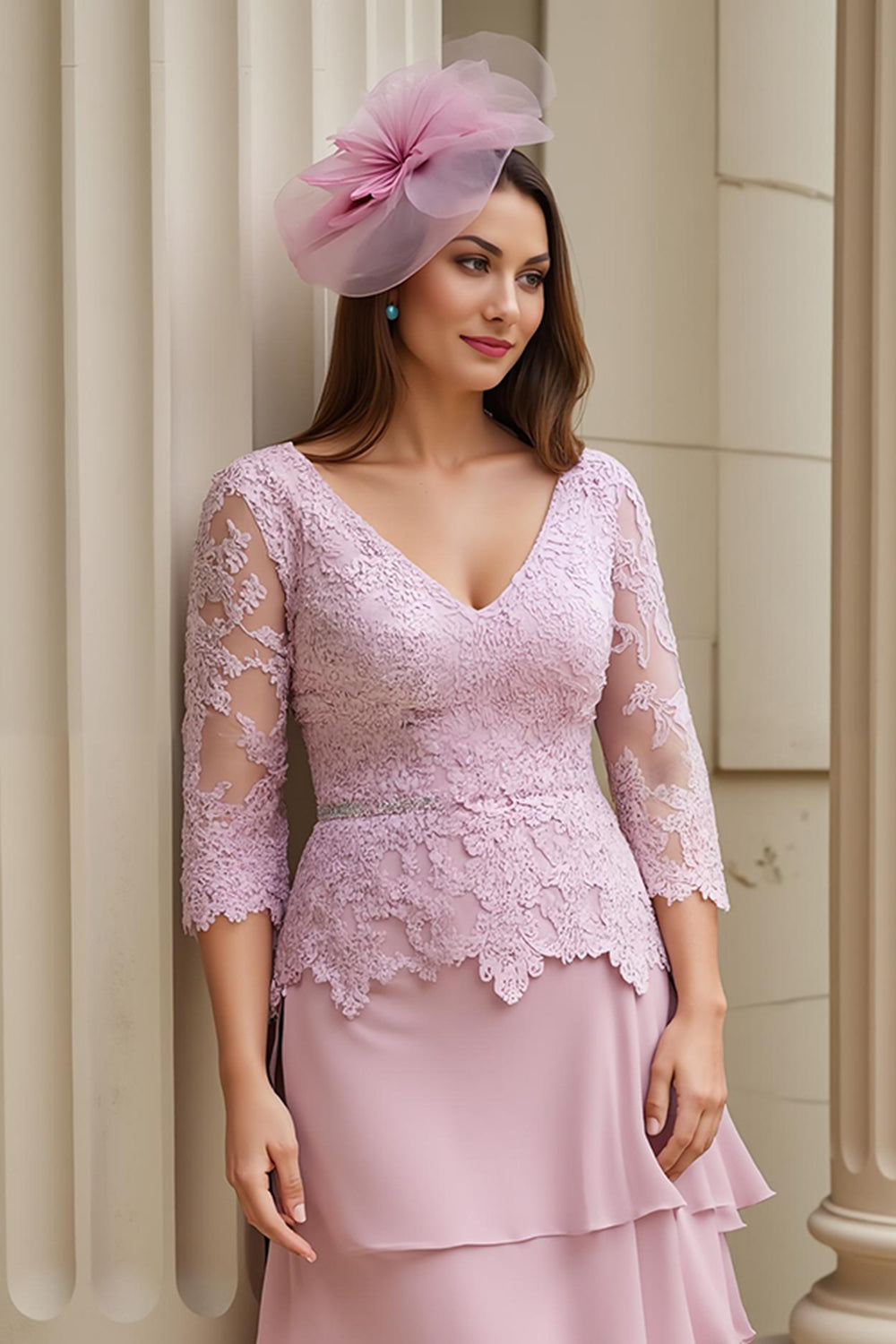 Blush A Line V Neck Tiered Long Mother of the Bride Dress with Lace