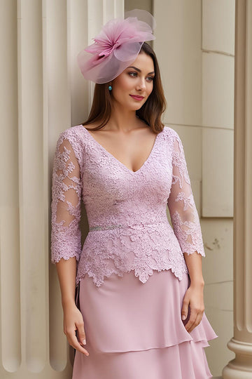 Blush A Line V Neck Tiered Long Mother of the Bride Dress with Lace