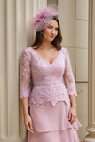 Blush A Line V Neck Tiered Long Mother of the Bride Dress with Lace