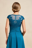 Peacock Blue A Line Round Neck High-Low Mother of the Bride Dress with Lace Appliques