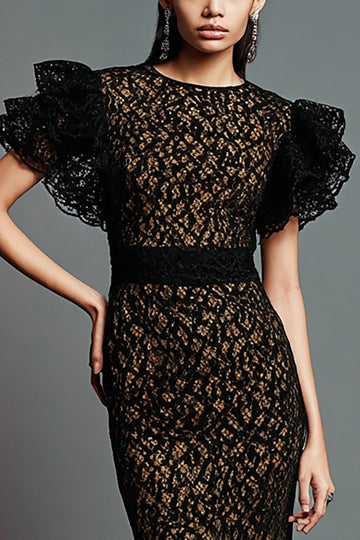 Black Lace Mermaid Long Formal Dress with Ruffled Hem