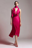 Fuchsia Sheath Satin Halter Floral Midi Formal Dress