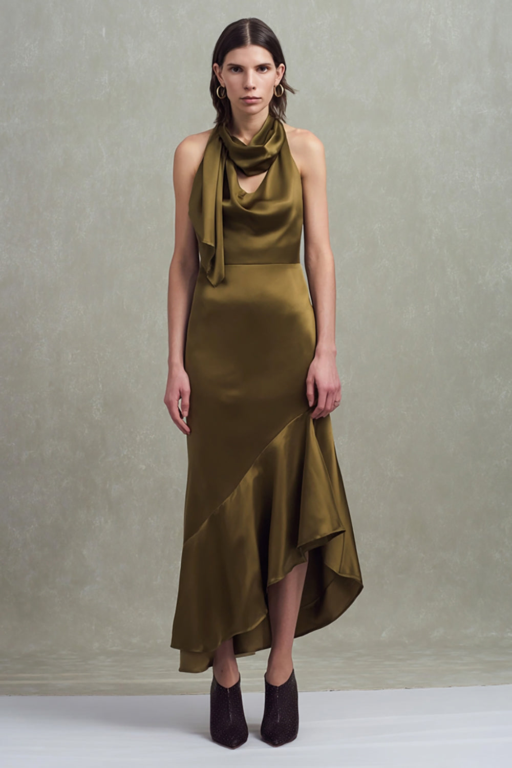Olive Satin Sheath Halter Long Formal Dress with Ruffles