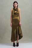 Olive Satin Sheath Halter Long Formal Dress with Ruffles