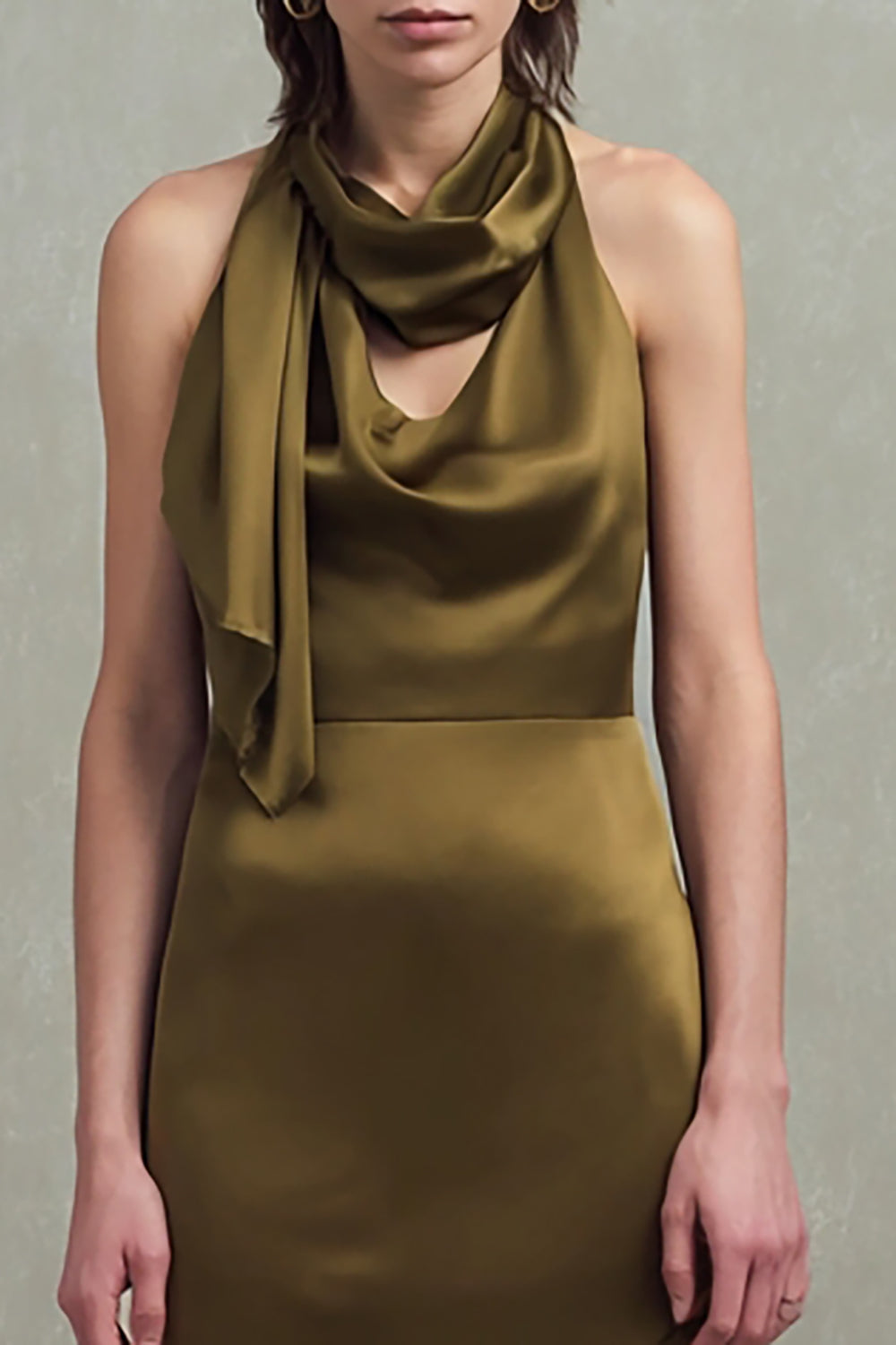 Olive Satin Sheath Halter Long Formal Dress with Ruffles
