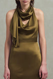 Olive Satin Sheath Halter Long Formal Dress with Ruffles