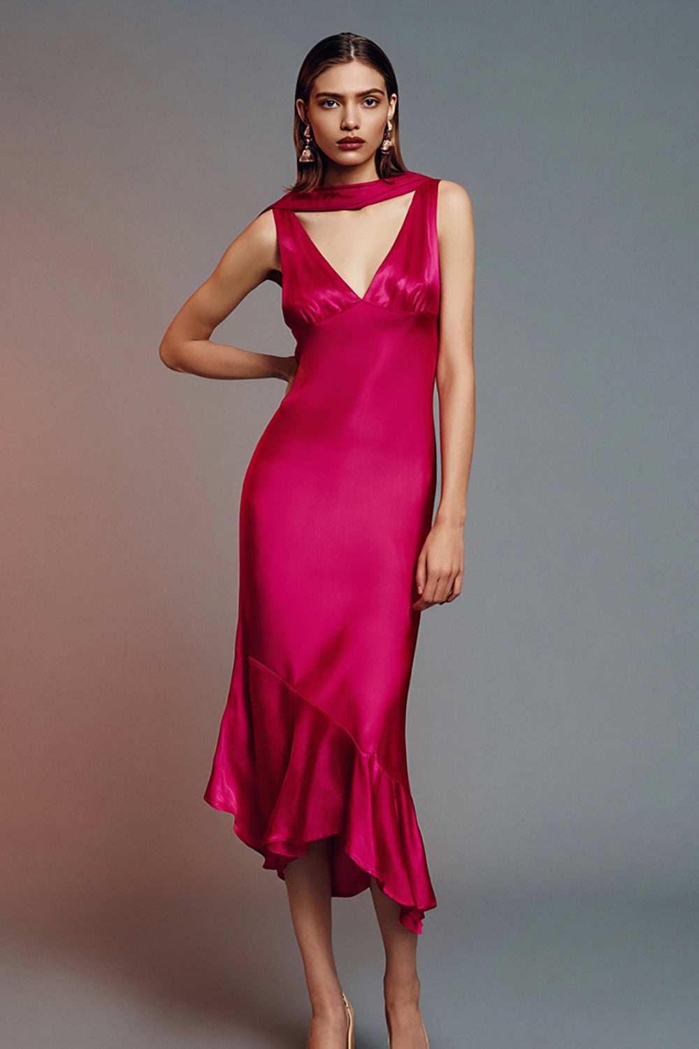 Fuchsia Sheath Satin V Neck Long Formal Dress with Ruffled Hem