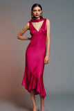 Fuchsia Sheath Satin V Neck Long Formal Dress with Ruffled Hem