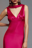 Fuchsia Sheath Satin V Neck Long Formal Dress with Ruffled Hem