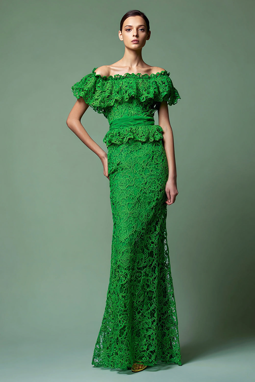 Green Lace Sheath Long Formal Dress with Ruffles