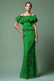Green Lace Sheath Long Formal Dress with Ruffles
