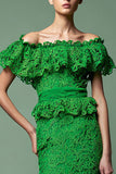 Green Lace Sheath Long Formal Dress with Ruffles