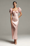 Pink Satin Sheath Puff Sleeves Long Formal Dress