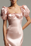 Pink Satin Sheath Puff Sleeves Long Formal Dress